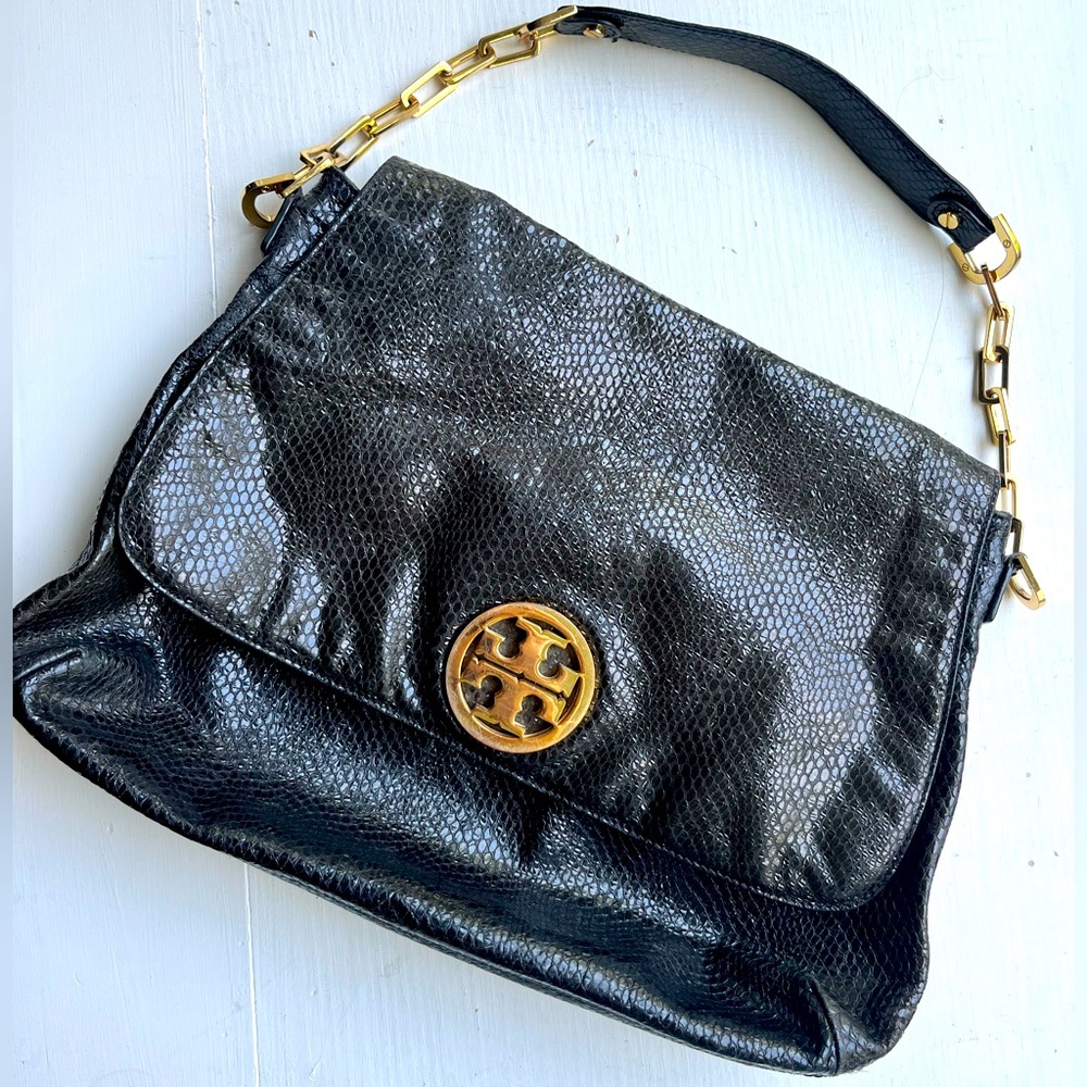 TORY BURCH black python snake leather REVA shoulder bag w/gold logo